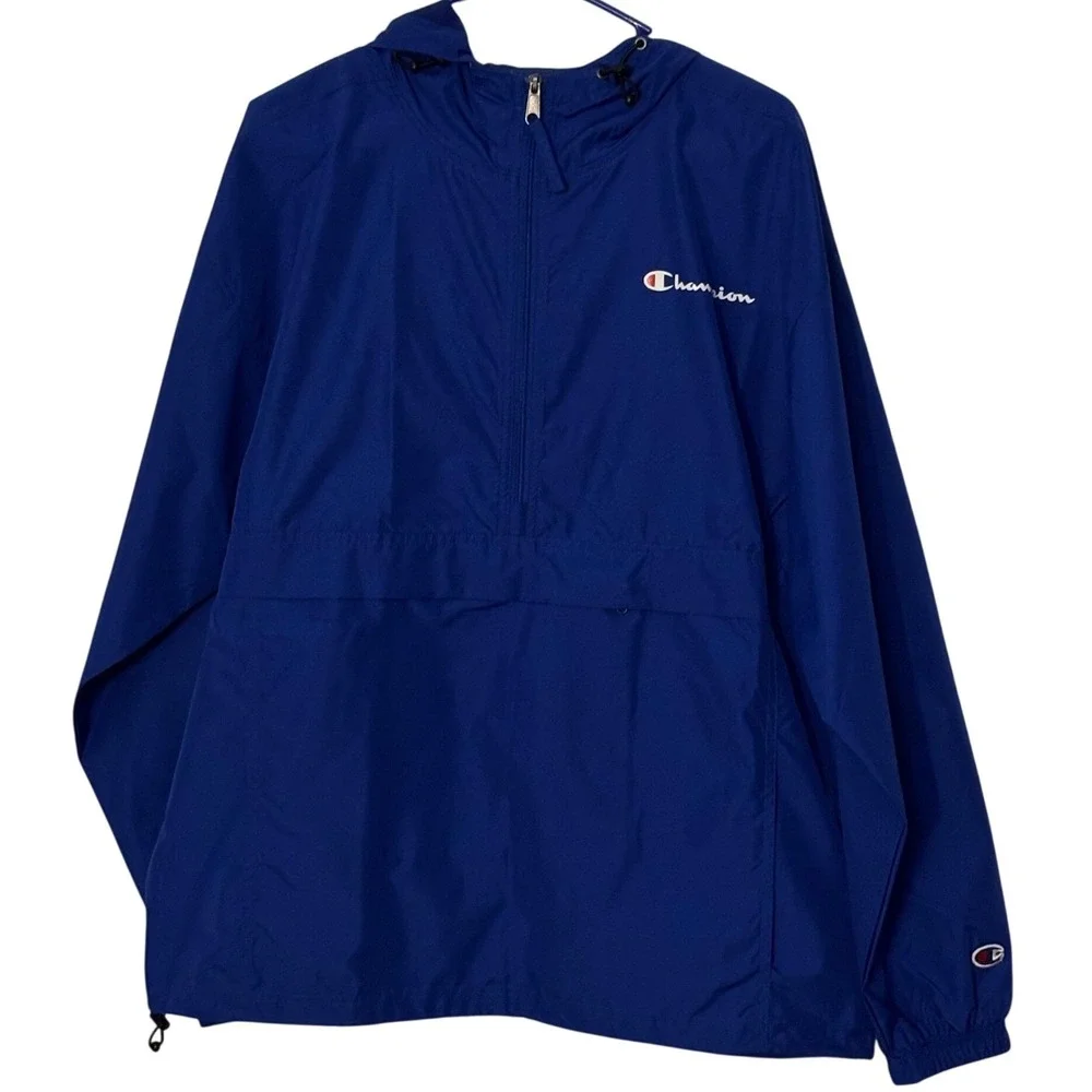 Champion Mens Packable Quarter Zip Windbreaker Anorak Jacket Royal Blue Hooded L